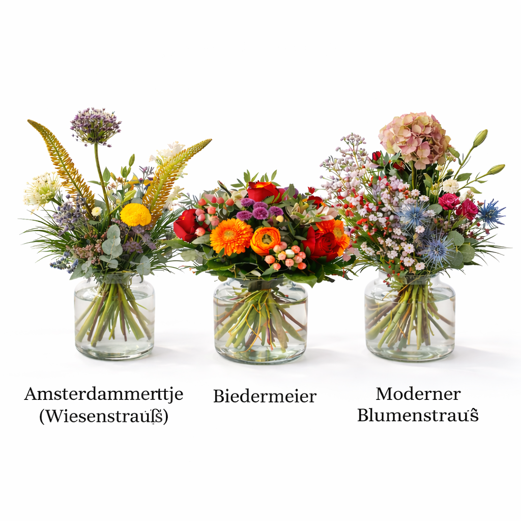 Drei Blumenstrauß-Stile: Wiesenstrauß, klassisch rundgebunden und moderner Blumenstrauß