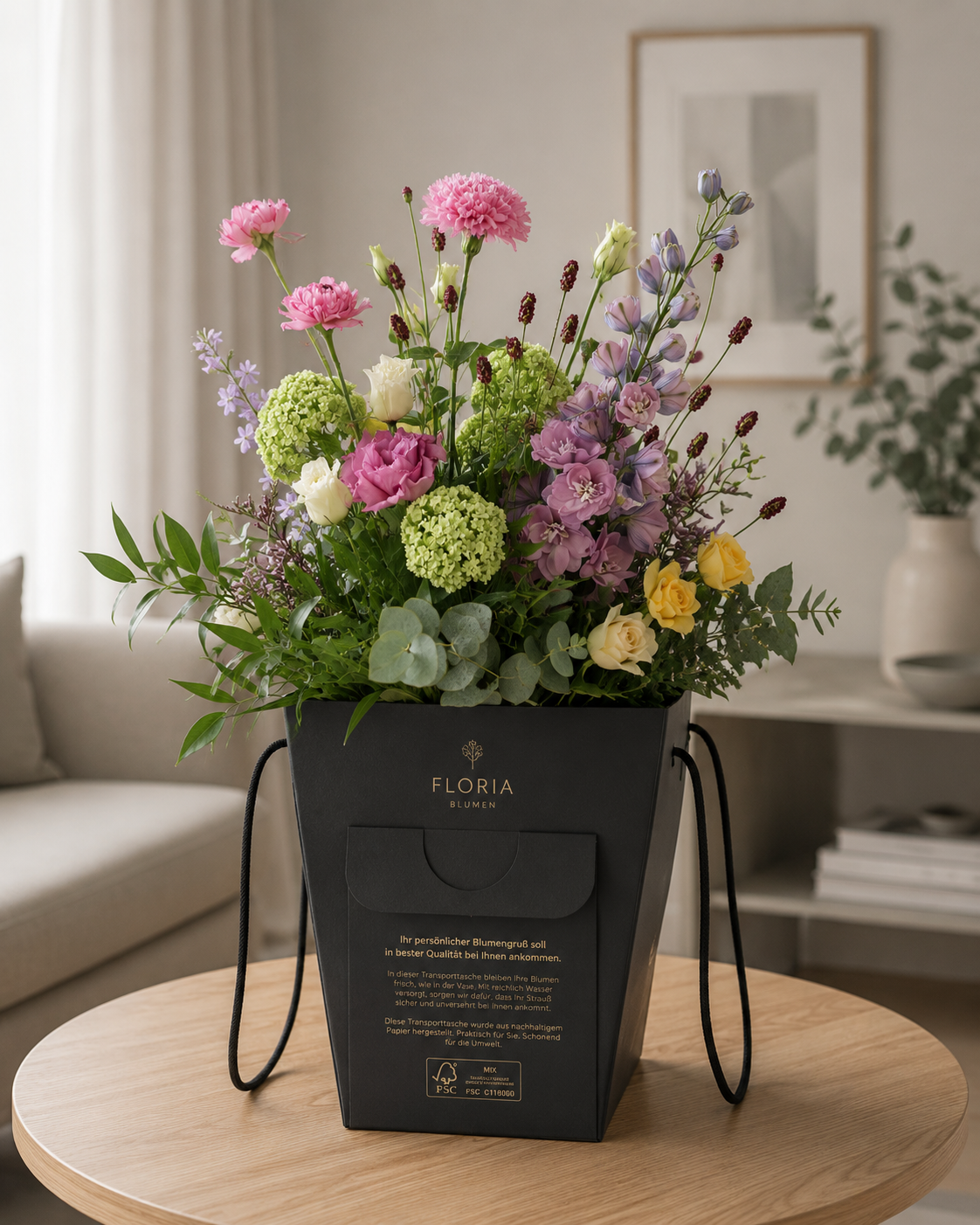 “Moderner Blumenstrauß von Floria Blumen in eleganter Versandtasche auf einem Wohnzimmertisch – frisch gebunden und bereit zur lokalen Lieferung in Mönchengladbach.”
