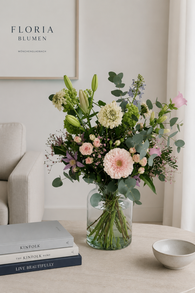 “Luftig gebundener Pastell-Blumenstrauß mit Gerbera, Rosen und Eukalyptus in Glasvase in stilvollem skandinavischem Interieur von Floria Blumen Mönchengladbach
