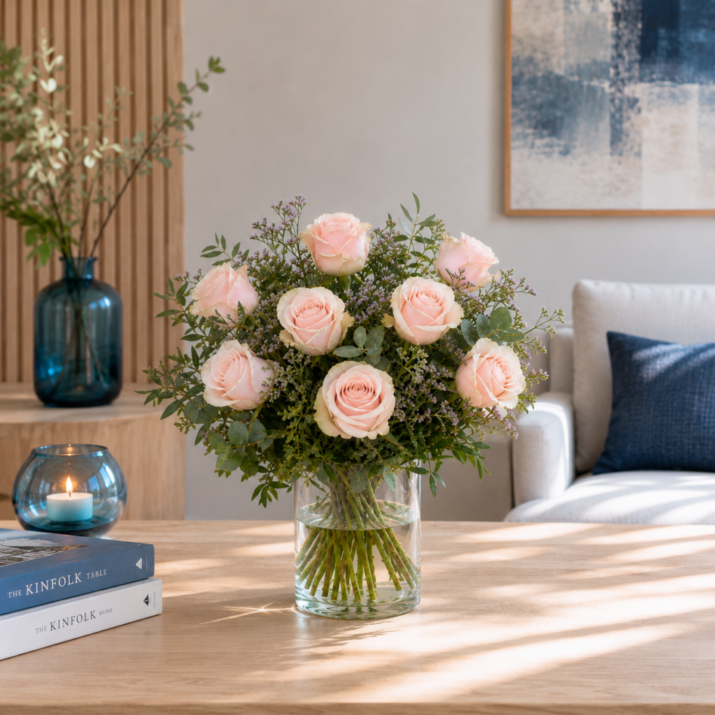 Eleganter Rosenstrauß mit zarten rosa Rosen von Floria Blumen in modernem Wohninterieur.