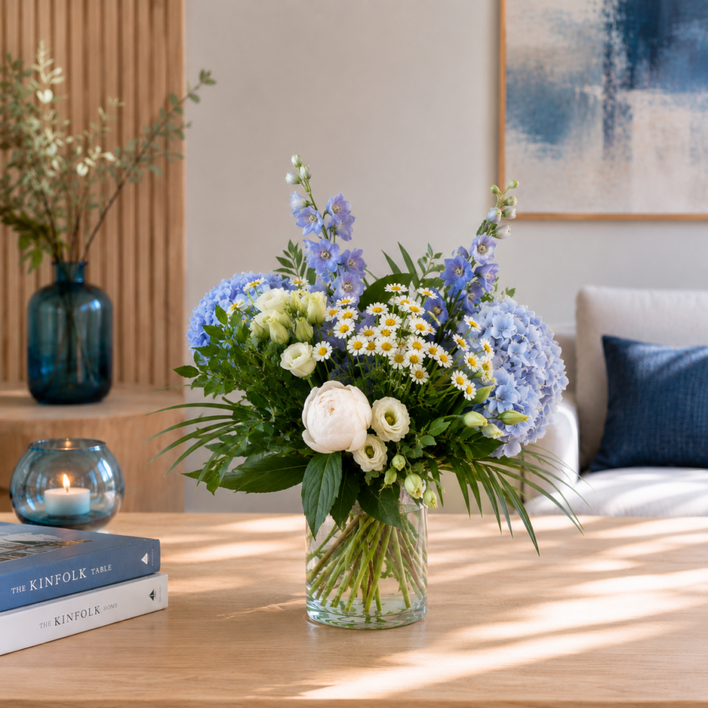 Saisonaler Blumenstrauß mit frischen Sommerblumen in heller skandinavischer Wohnatmosphäre.