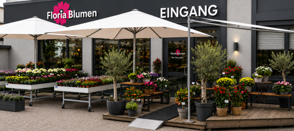 Moderner Eingangsbereich von Floria Blumen in Mönchengladbach mit stilvoller Floristik, Pflanzen und liebevoll dekorierter Außenpräsentation