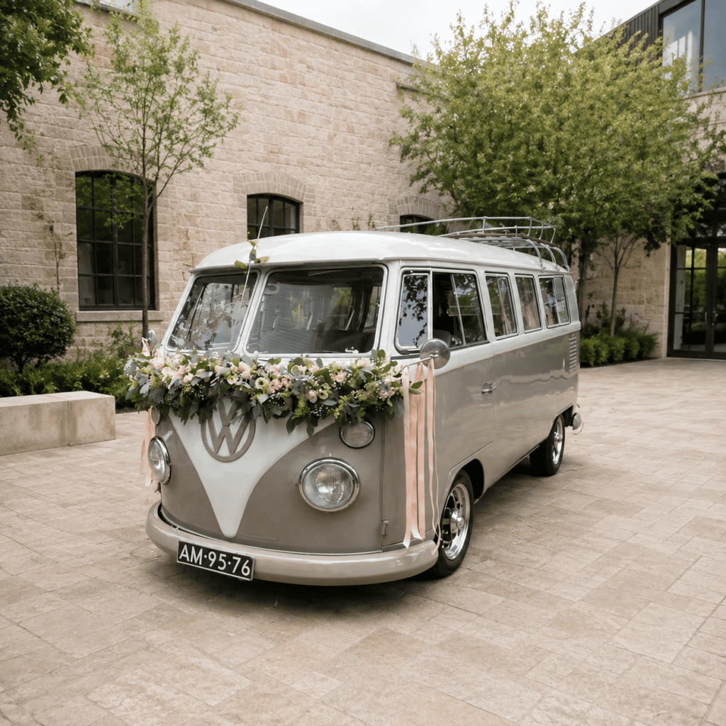 Mit Blumengirlande geschmückter VW-Bulli für eine Hochzeit in Mönchengladbach