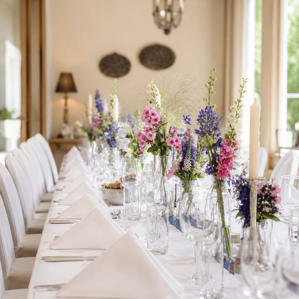 Moderne Hochzeitstafel mit farbenfrohen Blumen in kleinen Glasvasen