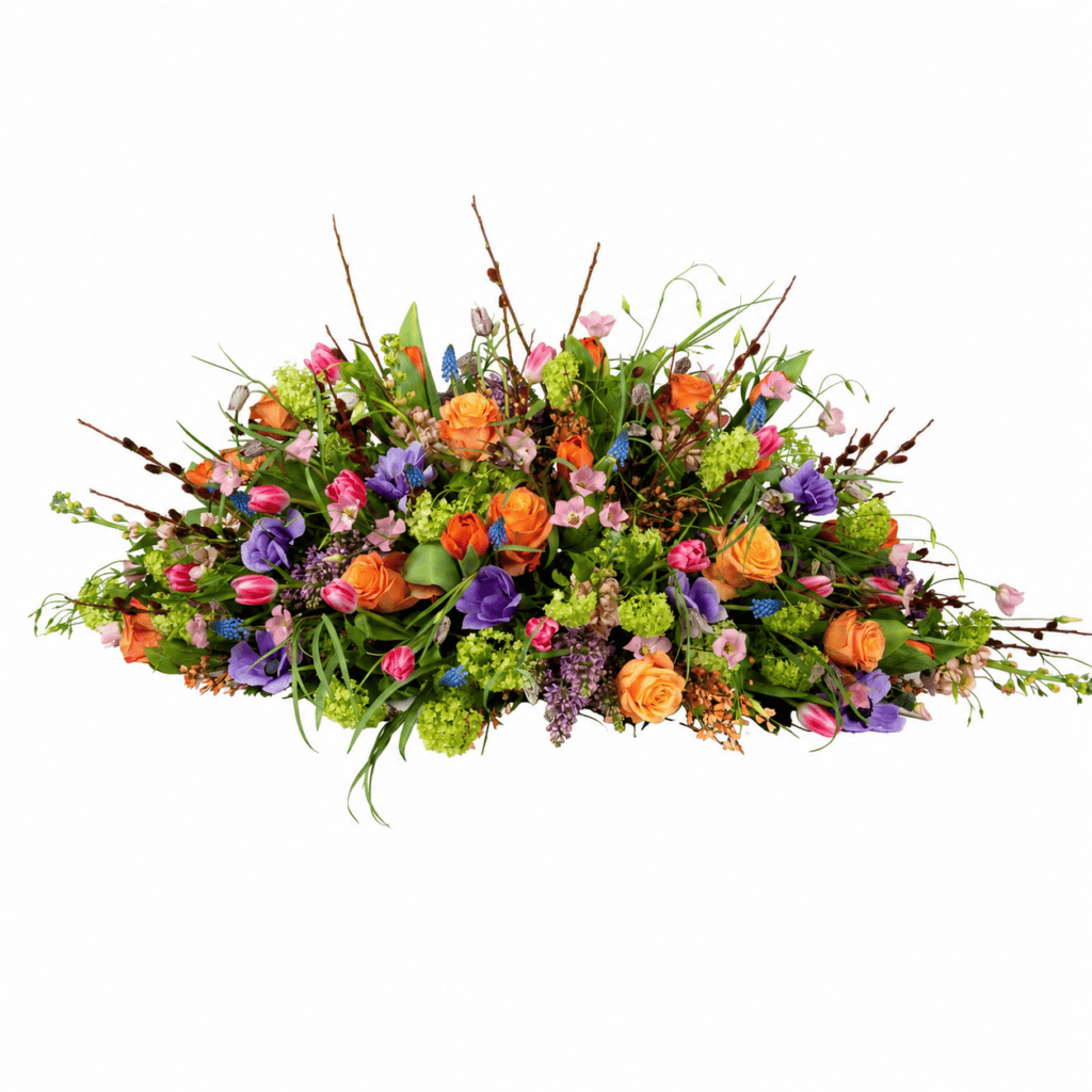 Farbenfrohes Trauergesteck mit Rosen, Tulpen und Frühlingsblumen von Floria Blumen