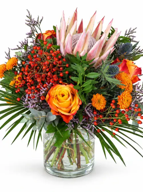 Herbststrauß mit Königsprotea – Floria Blumen Mönchengladbach