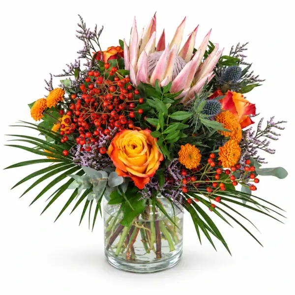 Herbststrauß mit Königsprotea – Floria Blumen Mönchengladbach